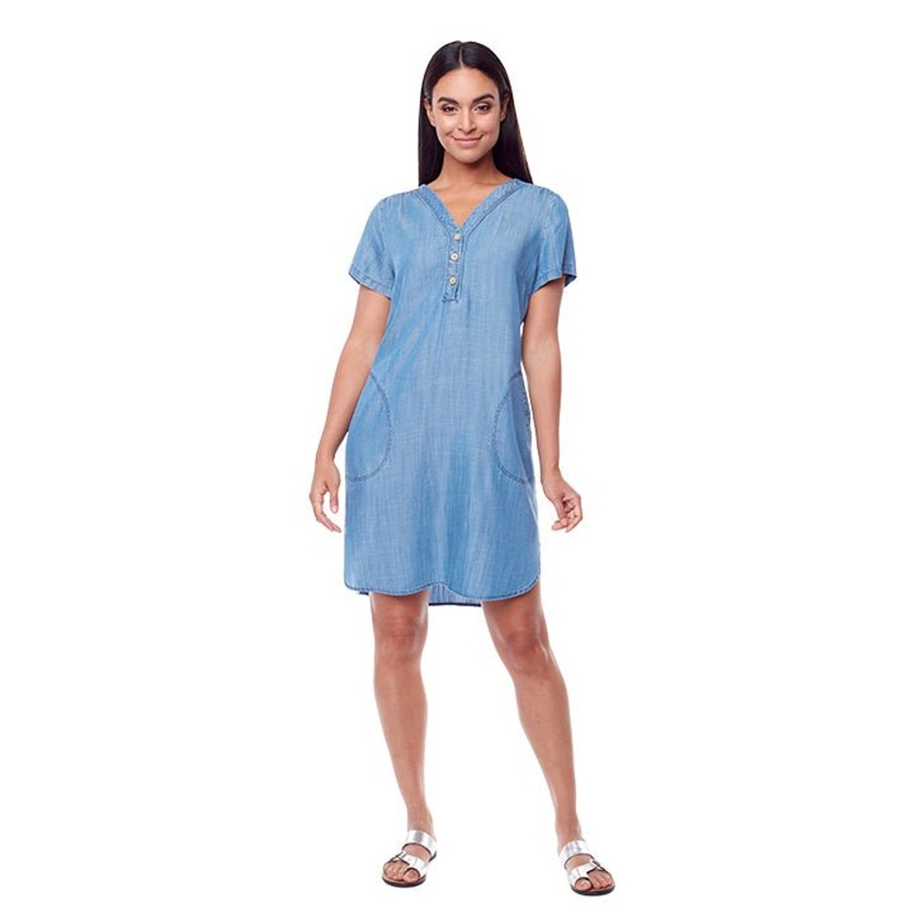 Carre Noir Women's Short V-Neck Denim Dress Size M Button Up Casual Soft NWT